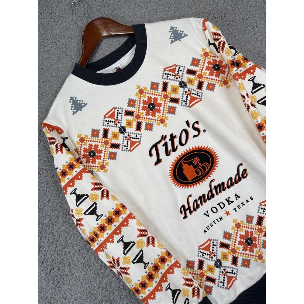 Tito's Handmade Vodka Mens‎ M Ugly Christmas Sweater Geometric White